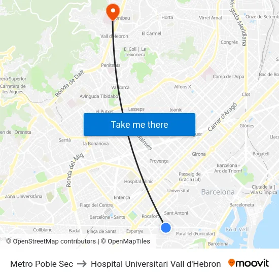 Metro Poble Sec to Hospital Universitari Vall d'Hebron map