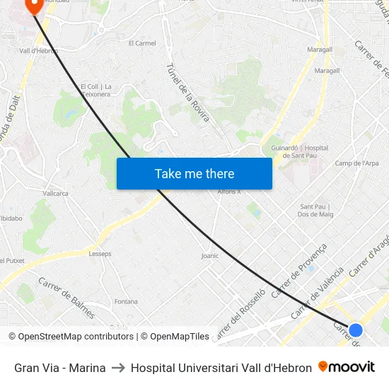 Gran Via - Marina to Hospital Universitari Vall d'Hebron map