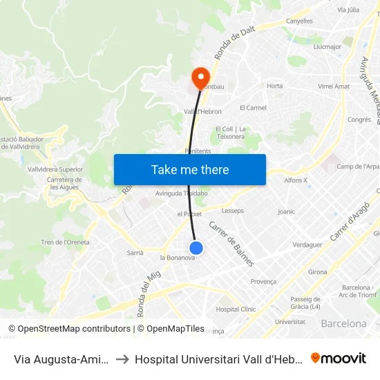 Via Augusta-Amigó to Hospital Universitari Vall d'Hebron map
