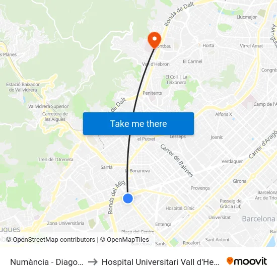Numància - Diagonal to Hospital Universitari Vall d'Hebron map