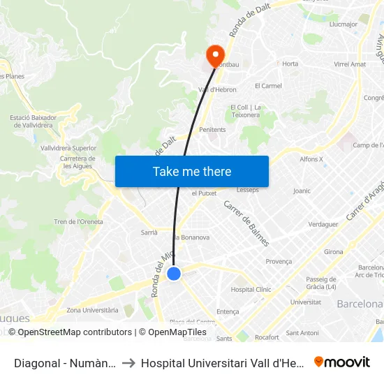 Diagonal - Numància to Hospital Universitari Vall d'Hebron map