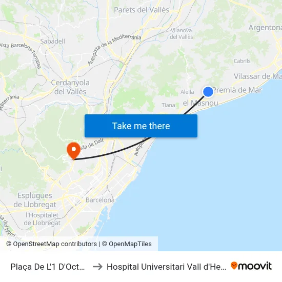 Plaça De L'1 D'Octubre to Hospital Universitari Vall d'Hebron map
