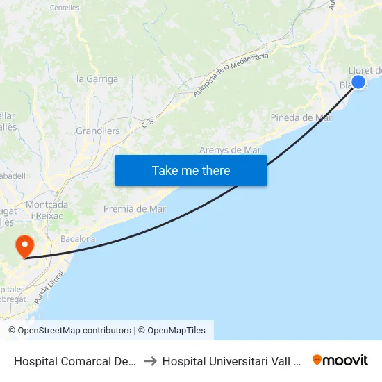 Hospital Comarcal De Blanes to Hospital Universitari Vall d'Hebron map