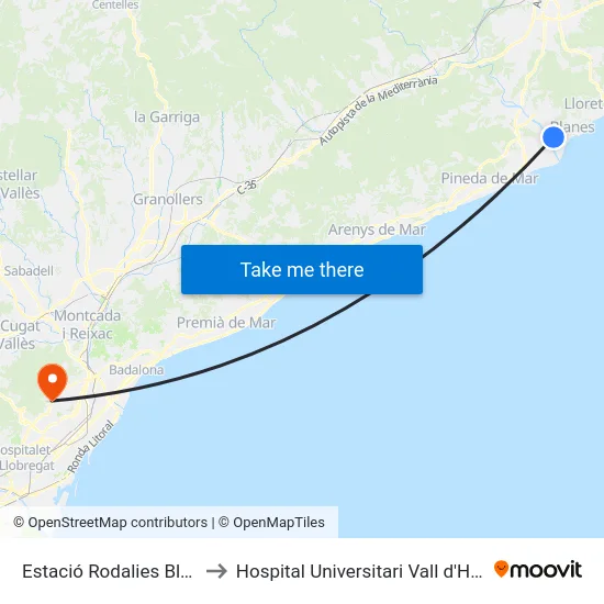 Estació Rodalies Blanes to Hospital Universitari Vall d'Hebron map