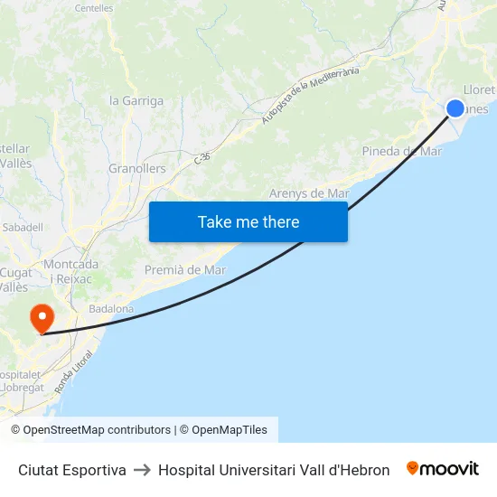 Ciutat Esportiva to Hospital Universitari Vall d'Hebron map