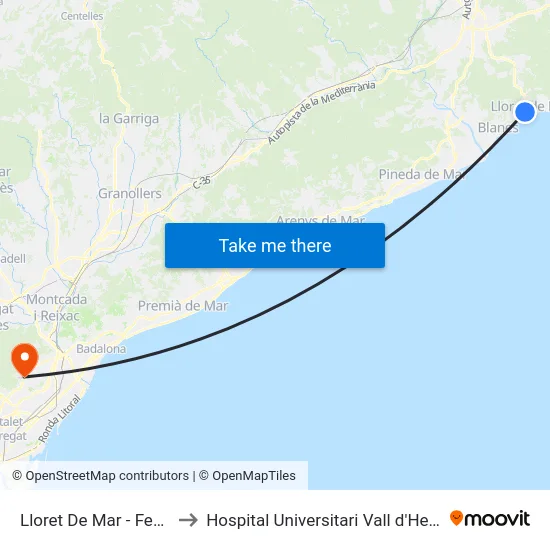 Lloret De Mar - Fenals to Hospital Universitari Vall d'Hebron map