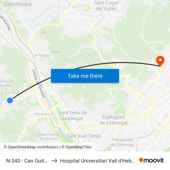 N-340 - Can Guitart to Hospital Universitari Vall d'Hebron map