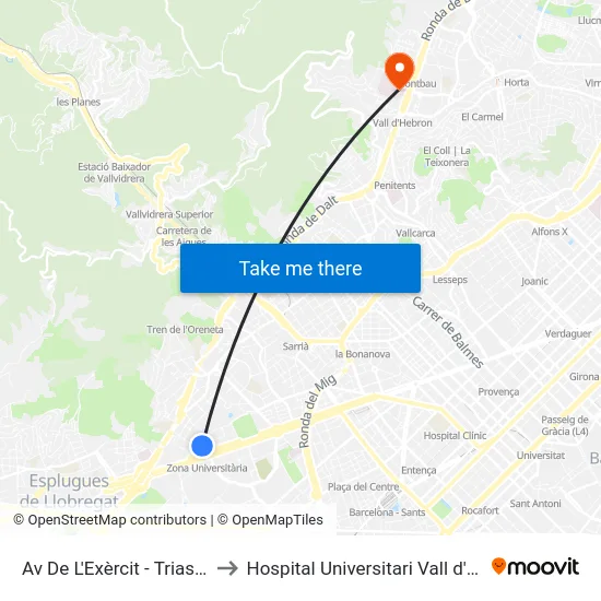 Av De L'Exèrcit - Trias I Giró to Hospital Universitari Vall d'Hebron map