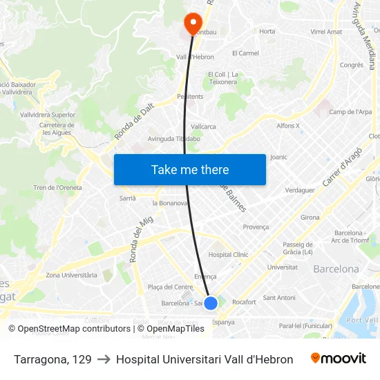 Tarragona, 129 to Hospital Universitari Vall d'Hebron map
