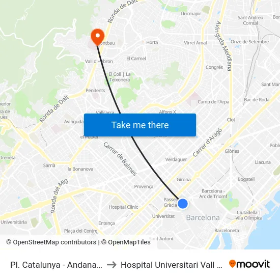 Pl. Catalunya - Andana Central to Hospital Universitari Vall d'Hebron map