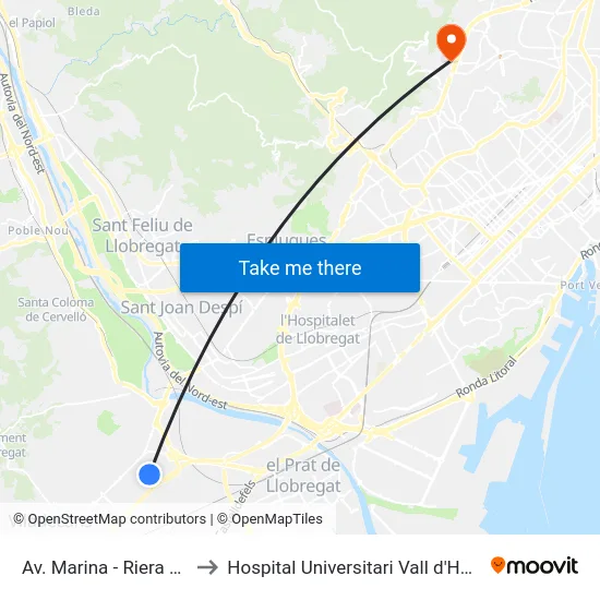 Av. Marina - Riera Roja to Hospital Universitari Vall d'Hebron map