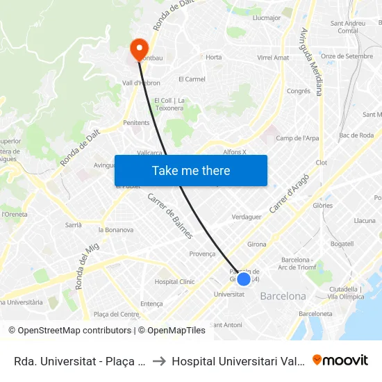 Rda. Universitat - Plaça Catalunya to Hospital Universitari Vall d'Hebron map