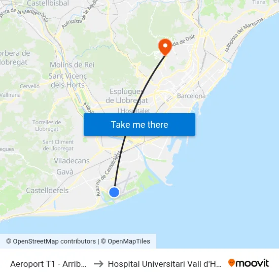 Aeroport T1 - Arribades to Hospital Universitari Vall d'Hebron map