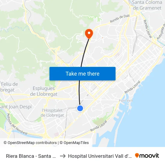 Riera Blanca - Santa Eulàlia to Hospital Universitari Vall d'Hebron map