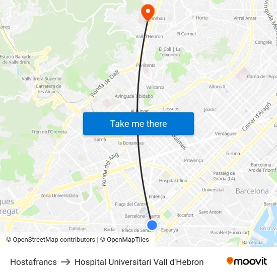 Hostafrancs to Hospital Universitari Vall d'Hebron map