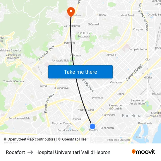 Rocafort to Hospital Universitari Vall d'Hebron map