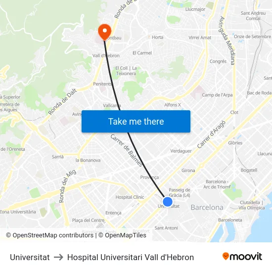 Universitat to Hospital Universitari Vall d'Hebron map