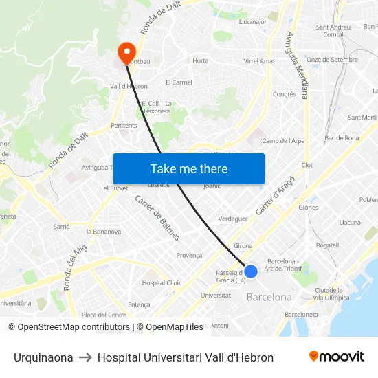 Urquinaona to Hospital Universitari Vall d'Hebron map