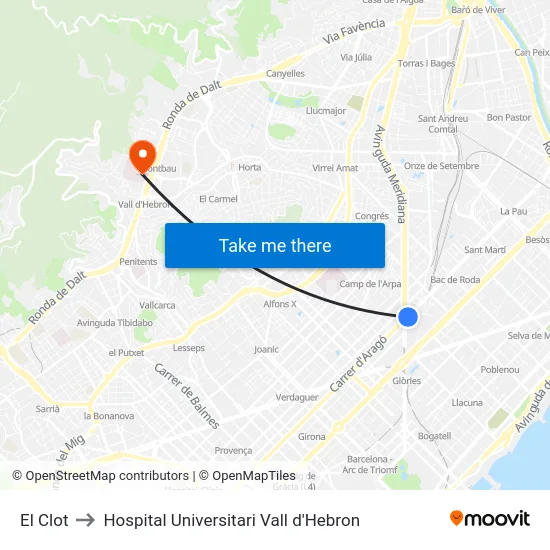 El Clot to Hospital Universitari Vall d'Hebron map
