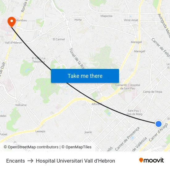 Encants to Hospital Universitari Vall d'Hebron map