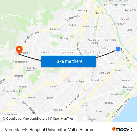 Verneda to Hospital Universitari Vall d'Hebron map