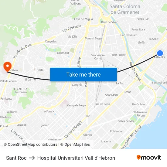 Sant Roc to Hospital Universitari Vall d'Hebron map