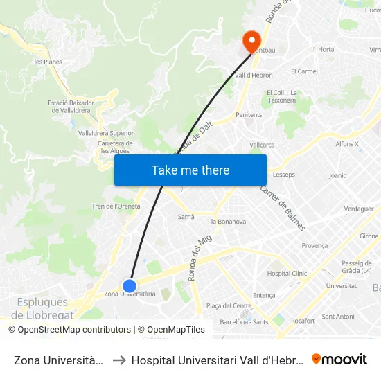Zona Universitària to Hospital Universitari Vall d'Hebron map