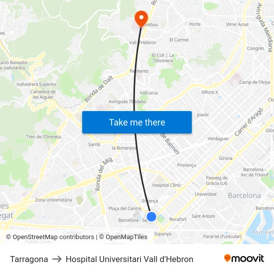 Tarragona to Hospital Universitari Vall d'Hebron map