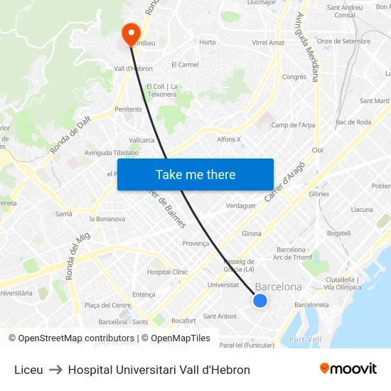 Liceu to Hospital Universitari Vall d'Hebron map