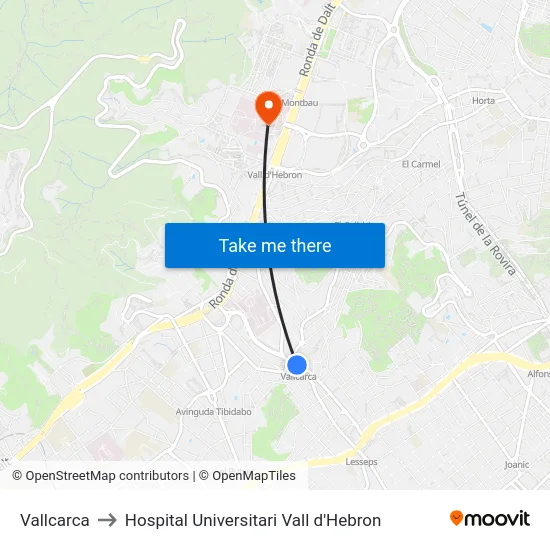 Vallcarca to Hospital Universitari Vall d'Hebron map