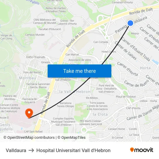 Valldaura to Hospital Universitari Vall d'Hebron map