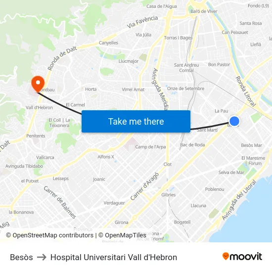 Besòs to Hospital Universitari Vall d'Hebron map