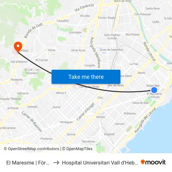 El Maresme | Fòrum to Hospital Universitari Vall d'Hebron map