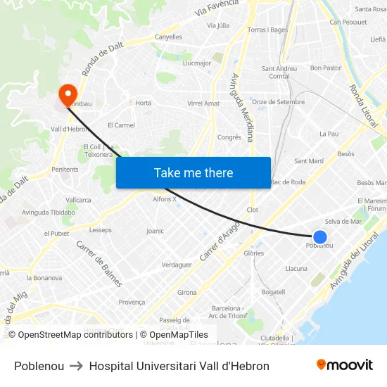 Poblenou to Hospital Universitari Vall d'Hebron map