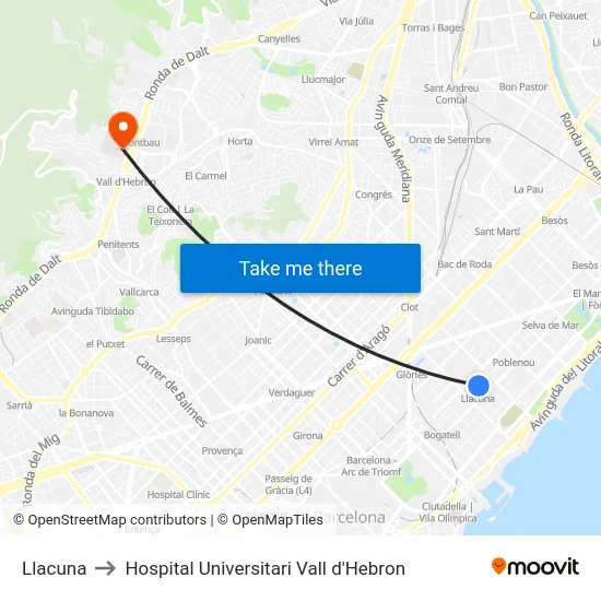 Llacuna to Hospital Universitari Vall d'Hebron map