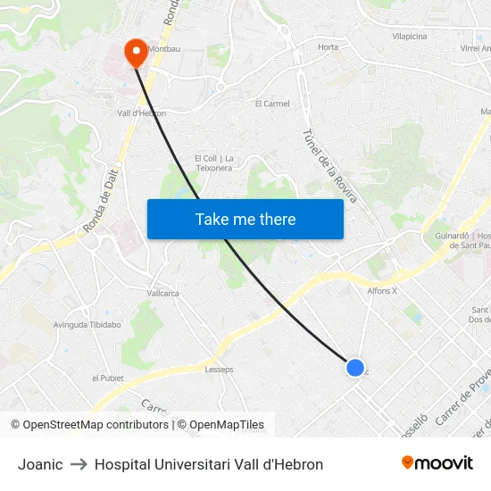 Joanic to Hospital Universitari Vall d'Hebron map