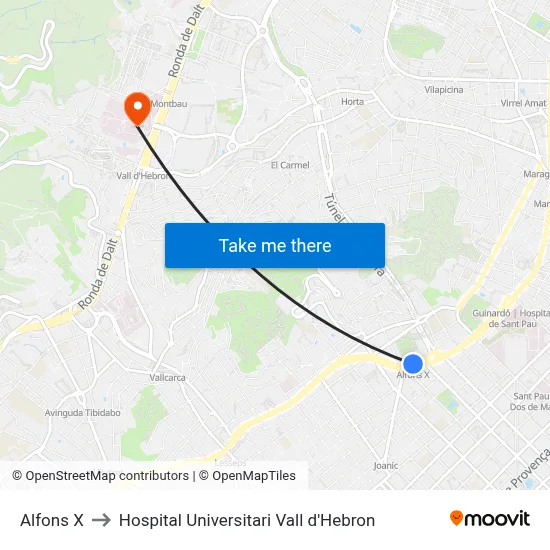 Alfons X to Hospital Universitari Vall d'Hebron map