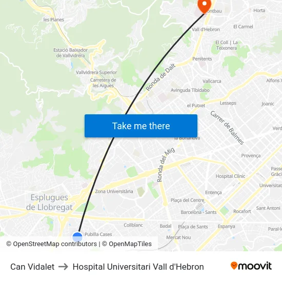 Can Vidalet to Hospital Universitari Vall d'Hebron map