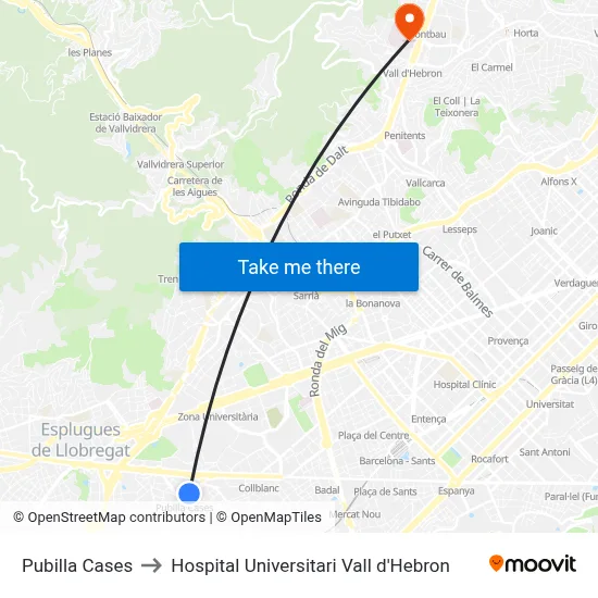 Pubilla Cases to Hospital Universitari Vall d'Hebron map