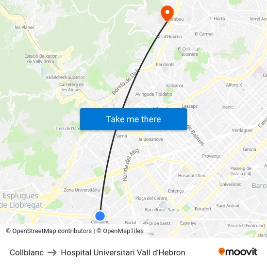 Collblanc to Hospital Universitari Vall d'Hebron map