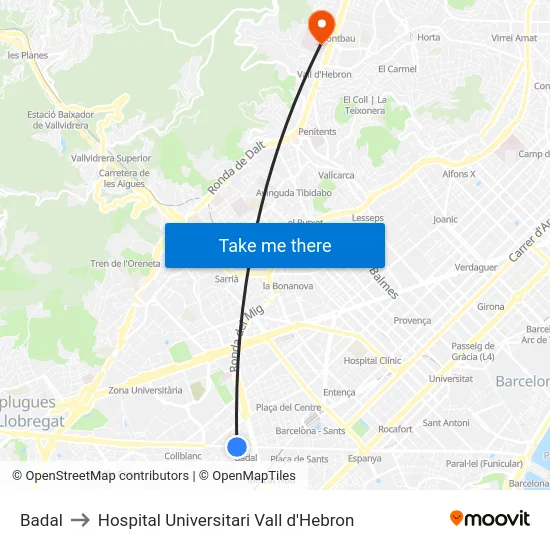 Badal to Hospital Universitari Vall d'Hebron map