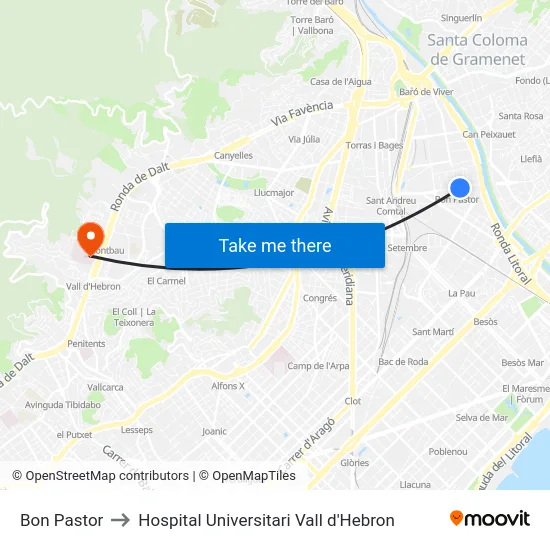 Bon Pastor to Hospital Universitari Vall d'Hebron map