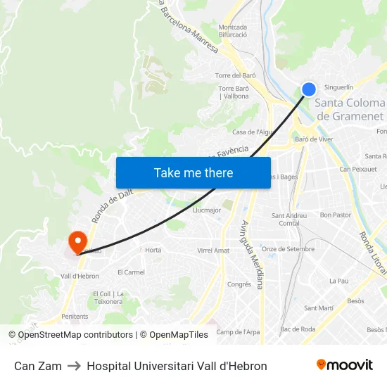 Can Zam to Hospital Universitari Vall d'Hebron map