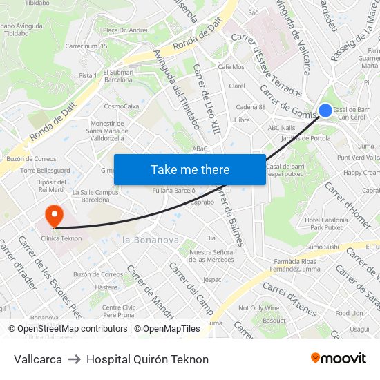 Vallcarca to Hospital Quirón Teknon map