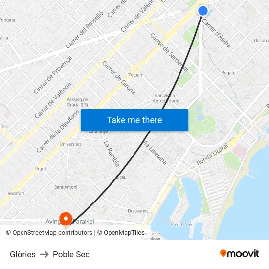 Glòries to Poble Sec map