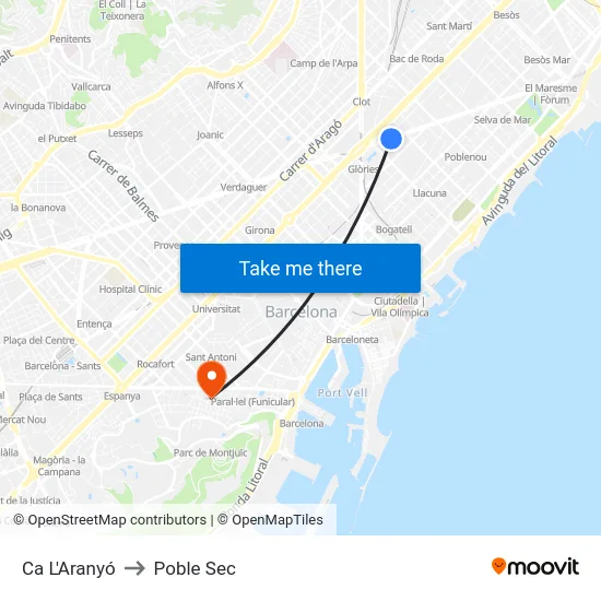Ca L'Aranyó to Poble Sec map