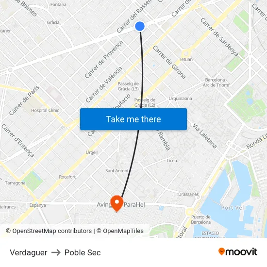 Verdaguer to Poble Sec map