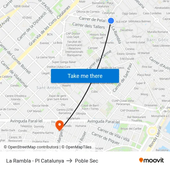 La Rambla - Pl Catalunya to Poble Sec map