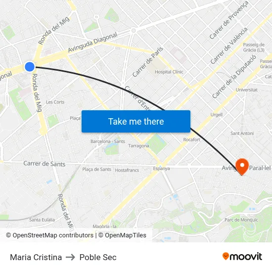 Maria Cristina to Poble Sec map