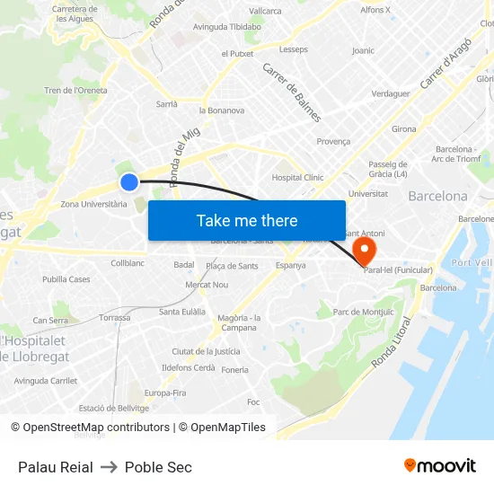 Palau Reial to Poble Sec map